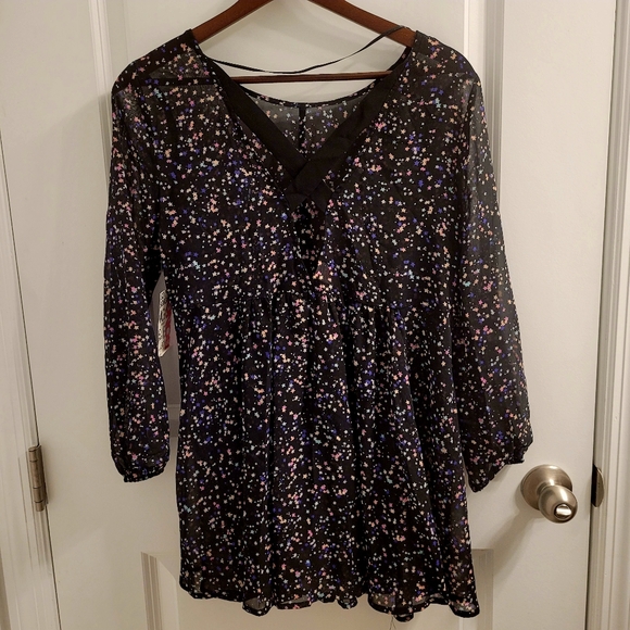 NWT! Bongo Starry Black Night Pastel Yellow Pink Purple Stars Sheer Caged Tunic - Picture 4 of 11